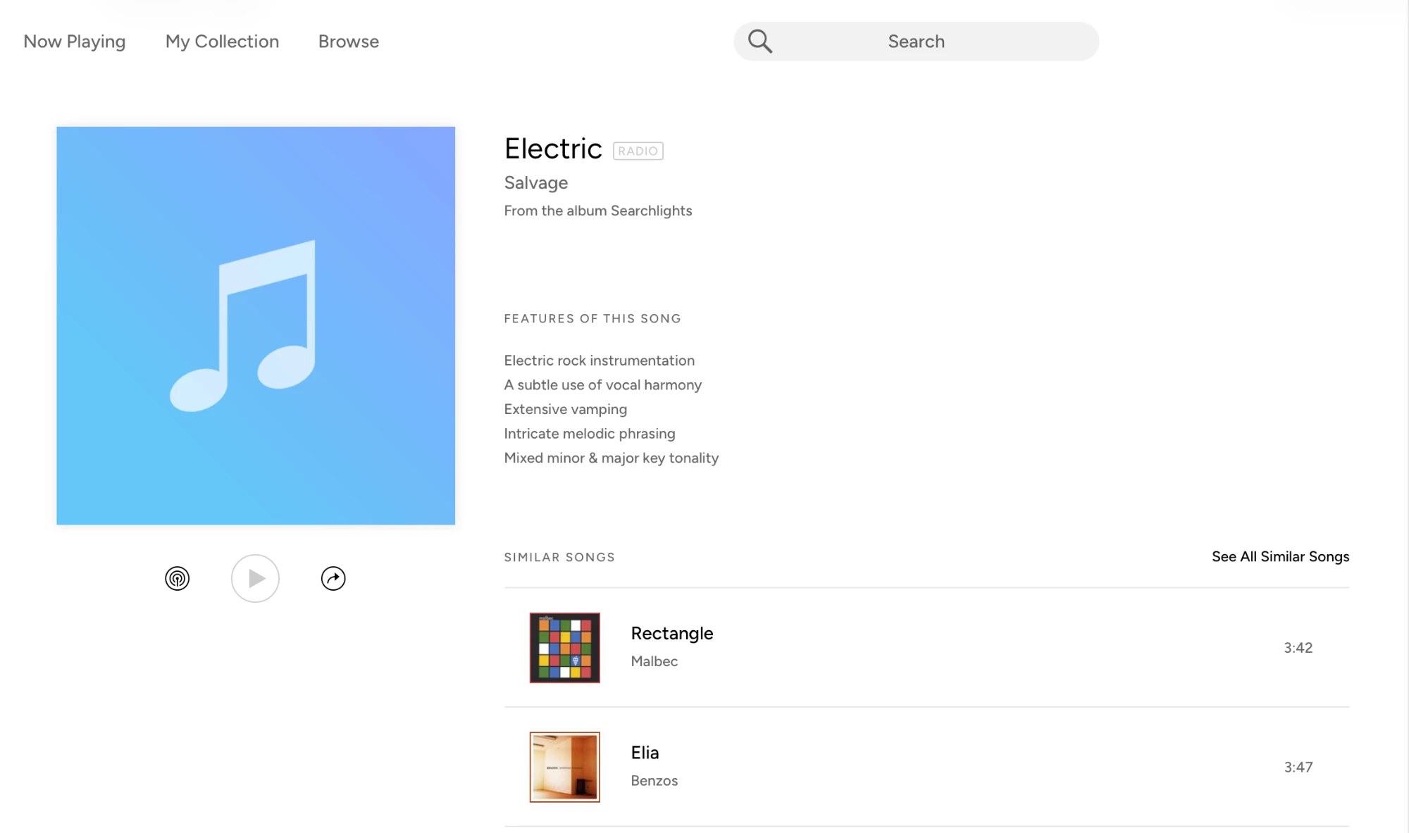 Pandora's page for Electric by Salvage, from the album Searchlights, listing features of the song and similar songs